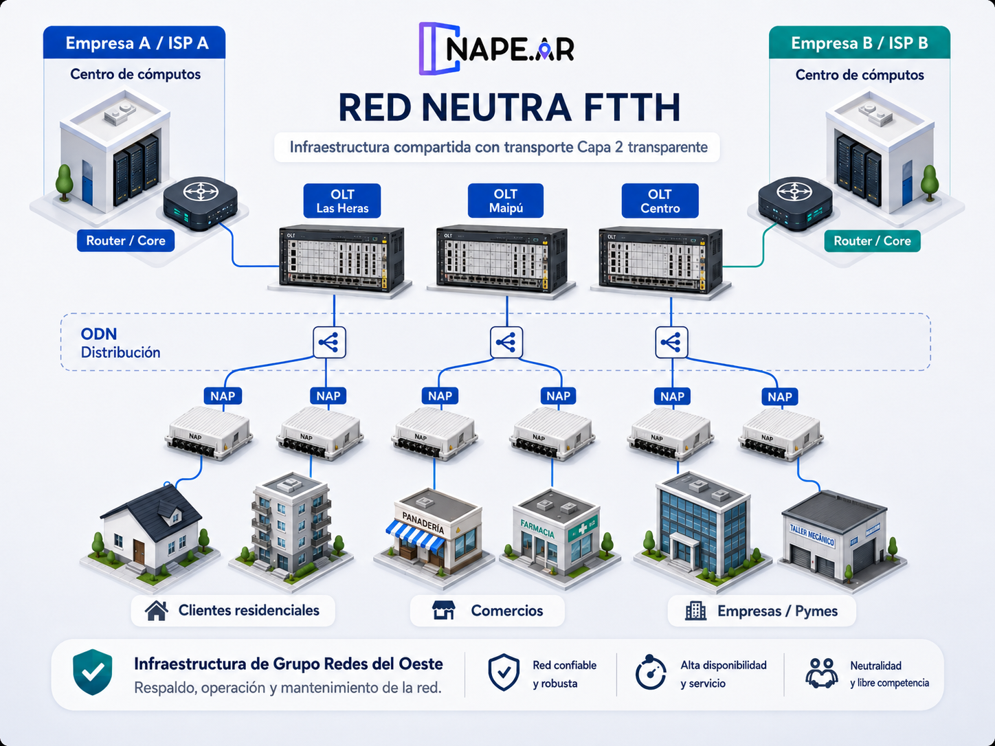 Topología de Red Neutra FTTH Napear: ISP, OLT, ODN, NAP y clientes